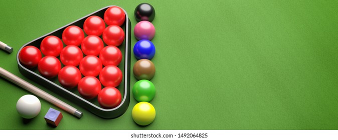 Snooker Billiard Table, Pool Balls Set In A Triangle Shape Rack On Green Felt, Banner, High Angle View, Copy Space. 3d Illustration