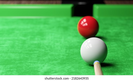 Snooker Pool Table And Billiards Ball With Dimness Light . Sportsman Aim At White Ball . Copy Space At Left Side . 3D Rendering .