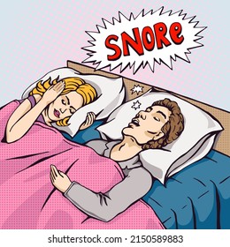 Snoring man in bed with the woman covering ears with the pillow from snore noise, pop art retro comics illustration - Powered by Shutterstock