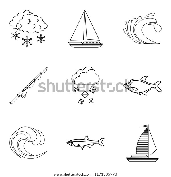 Snorkel icons set. Outline set of 9 snorkel\
icons for web isolated on white\
background