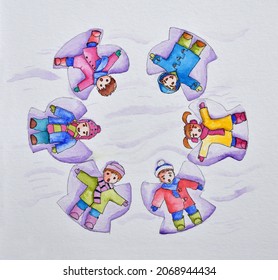 Snow Angels  A Painting Of Cartoon Children Doing Snow Angels In The Snow In The Shape Of A Snow Flake.