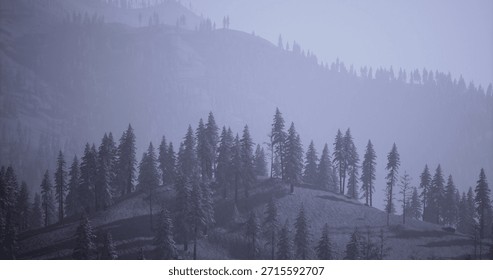 Snow blankets the mountains while a mist envelops the trees, creating a tranquil winter landscape. The scene captures the beauty and stillness of nature during a snowy day.