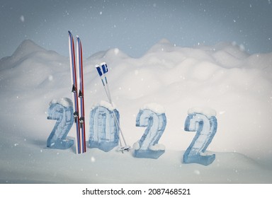 Snow Capped Mountain Landscape With Letters Showing The Year 2022. Retro Skis And Poles Leaning At The Ice Sculpture. Vintage Conversion. 3d Generated.