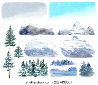 Snow capped mountain peaks  fir trees  blue sky  Landscape creator  Isolated elements white background  Hand painted in watercolor 