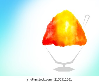 Snow Cone Or Shaved Ice Clipping Path On White Isolated Background. Watercolor Brush Texture Soft Slush Juice Yellow Pineapple Red Strawberry Orange. Shaves Ice Concept, Dessert Summer Illustration