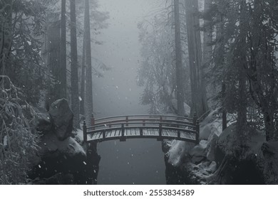 Snow covered forest with japanese red arch footbridge. 3D Rendering - Powered by Shutterstock