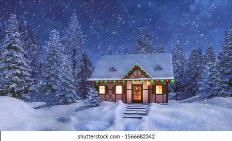 Merry Christmas Snowy Forest Lighted Cottage Stock Illustration 1522633397