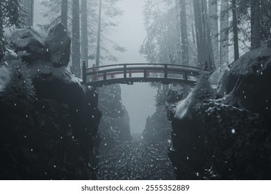 Snow covered japanese red arch footbridge in a winter forest. 3D Rendering - Powered by Shutterstock