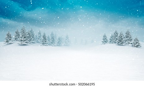 snow covered open winter landscape at snowfall, snowy trees with blue sky background 3D illustration - Powered by Shutterstock