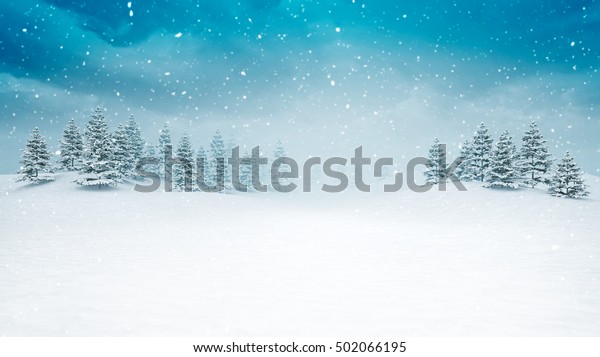 Snow covered open winter landscape, snowy trees with blue sky background 3D illustration.