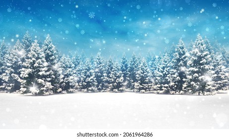 Snow covered winter forest under stormy snowfall and blue sky. Seasonal 3D illustration useful as copy space background.