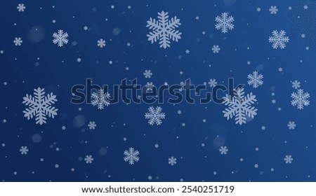 Snow Dark gradient Blue background. Christmas snowy winter design. White falling snowflakes, abstract landscape. Cold weather effect background.