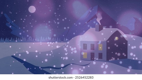 Snow falling gently on cozy house nestled in snowy landscape. Warm light glowing from windows, creating peaceful winter scene - Powered by Shutterstock