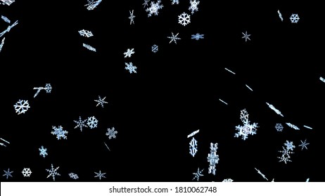 Snow Flake Crystals winter freeze ice holiday particle 3D illustration background.