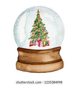 Snow globe with Christmas tree. Watercolor had drawn