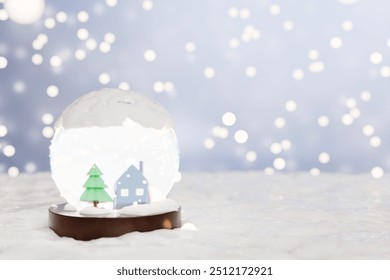 Snow globe featuring a house and tree, evoking a cozy winter holiday scene. 3d rendering