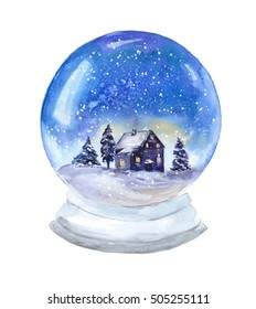 Snow Globe With Peaceful Scene. Watercolor Illustration For Christmas Cards. Small House, Spruce Trees And Falling Snow. 