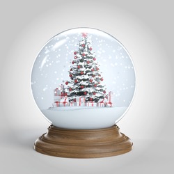 Snow Globe With A Red Decorated Christmas Tree And Presents Isolated On White, Clipping Path Included