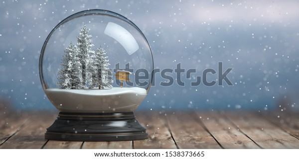 冬の雪の背景に雪の地球儀と木 3dイラスト のイラスト素材