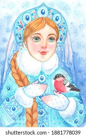 Snow Maiden fabulous winter Russian girl, granddaughter of Russian Santa Claus, watercolor portrait in blue winter colors, illustration.