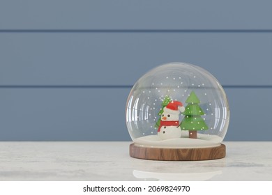 Snow Man With Pine Tree In A Glass Dome, 3D Illustration