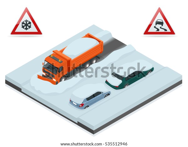 Snow plough truck clearing road after white out\
winter snowstorm blizzard for vehicle access. Cars covered in snow\
on a road during snowfall. Can be used for advertisement,\
infographics, game.