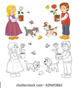The Snow Queen. Fairy tale. Cute boy and girl looking at each other holding pots with roses. Illustration for children. Coloring page. Funny cartoon characters isolated on white background. 