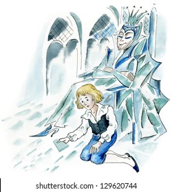 Snow Queen and little boy in ice castle
