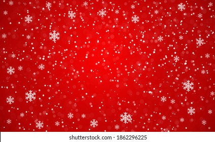 Snow Red Background. Christmas Snowy Winter Design. Blurred Background