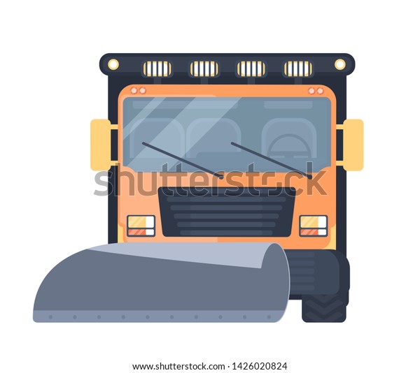 Snow removal truck\
or machine for highway service. Snow grooming car. Flat\
illustration isolated on\
white.