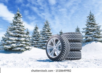  Snow Tires On Winter Landscape Background. 3d Render