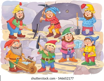 白雪姫と七人のこびと おとぎ話 塗り絵 カラーリングページ かわいい7人のドワーフが働いてる 子ども向けのイラスト おかしな漫画のキャラクター の イラスト素材