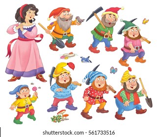 Snow White And The Seven Dwarfs. Fairy Tale. Cute Princess And The Dwarfs. Illustration For Children. Funny Cartoon Characters