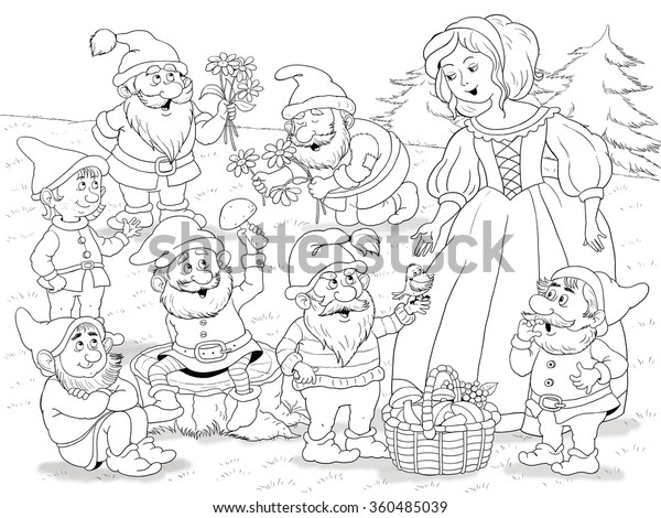 白雪姫と7人のこびと おとぎ話 子ども向けのイラスト 塗り絵 美しい王女と7人のかわいい 小人たちと きのこがいっぱい入ったバスケットを持っています 漫画のキャラクター カラーリングページ のイラスト素材