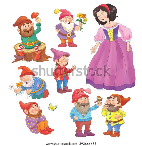 白雪姫と七人のこびと おとぎ話 白い背景にかわいい7人の小人と美しい王女が別々に立っています 子ども向けのイラスト 塗り絵 ページの色付け のイラスト素材