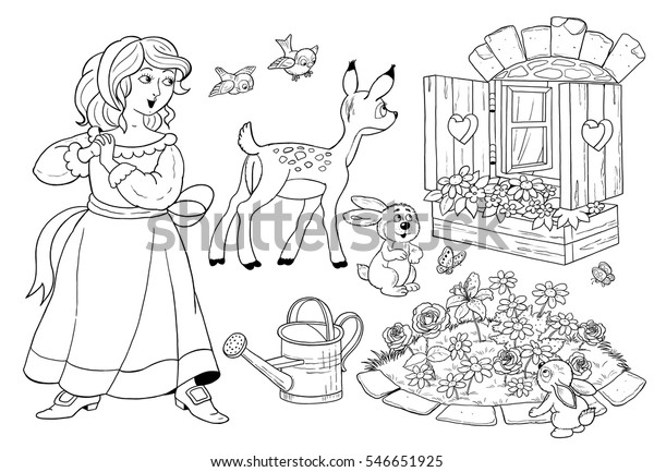 The Snow White and seven dwarfs. Fairy tale. Coloring book. Coloring