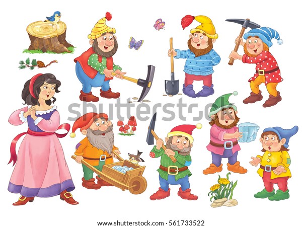 白雪姫と七人のこびとは おとぎ話 かわいい王女とこびとたち 子ども向けのイラスト おかしな漫画のキャラクター のイラスト素材