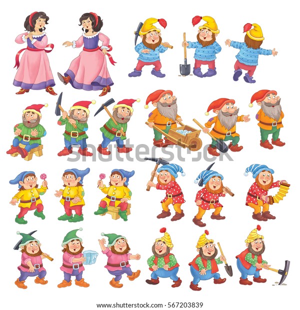 白雪姫と七人のこびと おとぎ話 子ども向けのイラスト カラーリングページ 塗り絵 おかしな漫画のキャラクター のイラスト素材