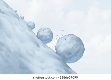 Snowball Effect Metaphor as a business concept of corporate or financial accumulation as a gradual exponential growth and expansion symbol as a small snowball becoming huge in a 3D illustration style.