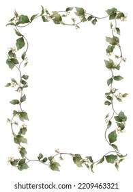 Snowberry Twigs Rectangle Wreath Watercolor Composition.Botanical Frame Illustration For Wedding Invitation, Logo, Postcards, Decor