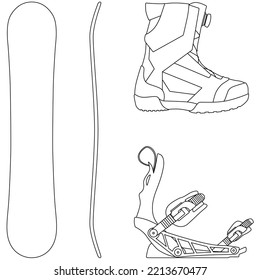 Snowboard, Snowboarding Equipment Set Snowboard Board, Snowboard Bindings And Snowboard Boots Sketch Drawing, Contour Lines Drawn