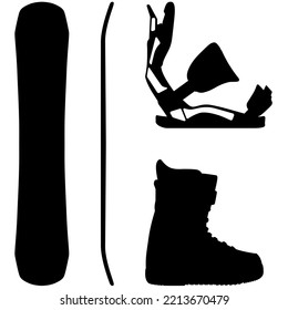 Snowboard, Snowboarding Equipment Set Snowboard Board, Snowboard Bindings And Snowboard Boots Realistic Silhouette