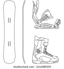 Snowboard, Snowboarding Equipment Set Snowboard Board, Snowboard Bindings And Snowboard Boots Sketch Drawing, Contour Lines Drawn