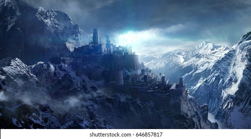 Snow-capped mountains between the castle,3d rendering.