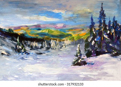 Snow-capped mountains. Sun Valley, mountain landscape. Painting, pictorial art