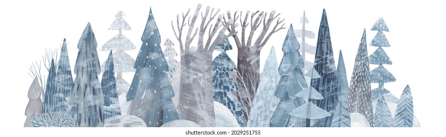 Snow-covered Coniferous Forest. Cute Gouache Landscape. Horizontal View Of The Winter Forest.