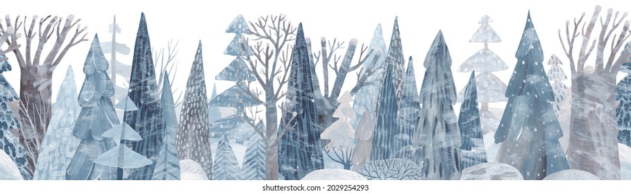 Snow  covered coniferous forest  Cute winter repeating landscape  Horizontal view the winter forest 