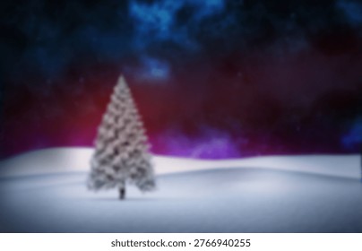 Snow-covered evergreen tree is standing in flat design rolling dunes under vibrant starry night sky. Winter, nature, tranquility, nightscape, landscape, minimalism, cosmos