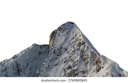 Snow-covered mountain peak 3D rendering showing a rugged alpine summit with rocky cliffs and soft winter light.