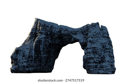 Snow-covered rock arch 3D rendering showing a natural stone formation and textured cliff isolated on white.